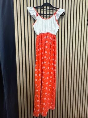 Vintage Orange and White Floral Maxi Dress - Eyelet Bodice